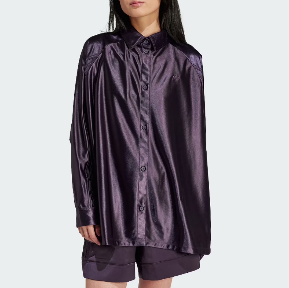 NWT Adidas Aurora Black/Purple Oversized Satin Effect Shirt S - Picture 2 of 6